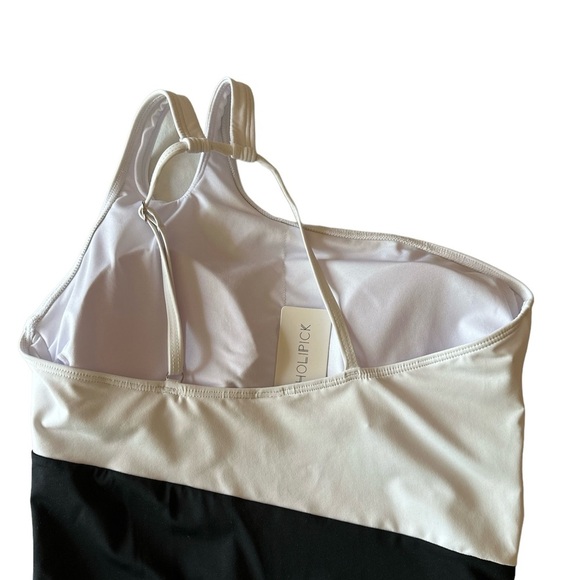 HOLIPICK Black One Piece One Shoulder Pull On Large Bathing Suit BNWT - Picture 4 of 6